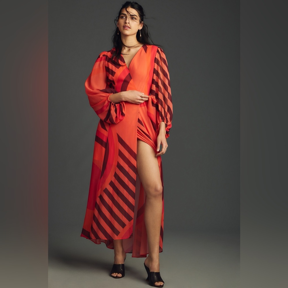 Hutch Lindie Geo Print Long Sleeve Wrap Dress Small Coral Lined NWT $297